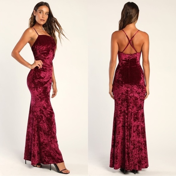 LULUS Your Every Wish Burgundy Crushed Velvet Ruched Maxi Dress Sz S - Picture 1 of 8